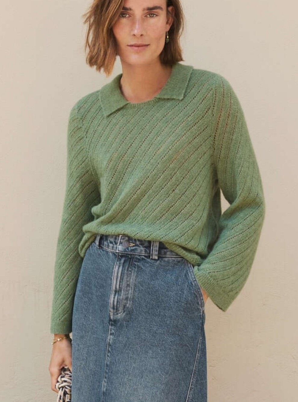 WRAP London Collared Knit Sweater Alpaca Merino Wool Blend Basil Green Size 14